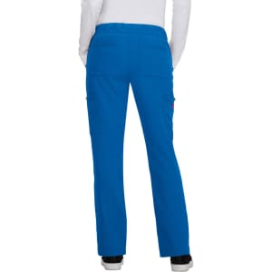 Bright blue women's cargo pants with a relaxed fit and pockets, displayed from the back. Features a waistband and branding.