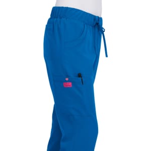Bright blue pants with a drawstring waist and pockets. Features a small logo on the side.