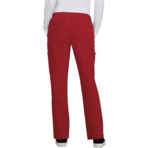 Red cargo pants with an elastic waistband and multiple pockets. The view shows the back of the pants.