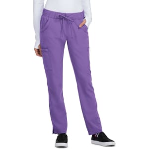 A pair of purple pants with a drawstring waist and multiple pockets, modelled on a person.