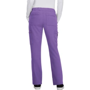 A pair of purple cargo pants with pockets and an elastic waistband, viewed from the back.