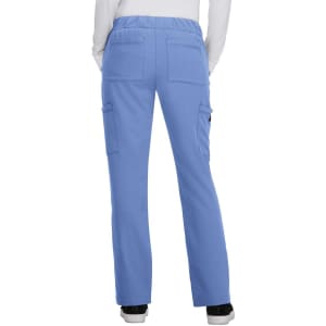 Light blue pants featuring a stretchy waist and multiple pockets on the back. The design includes a logo on the side.