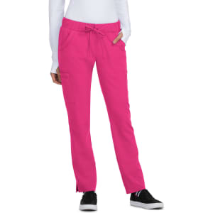 A pair of bright pink pants with a drawstring waist and pockets, designed as scrubs.