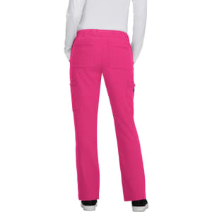 Bright pink pants with a relaxed fit and multiple pockets, featuring an elastic waistband and a branding logo.