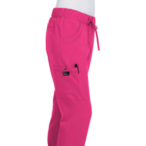 A pair of bright pink pants with an elastic waistband, featuring pockets and a logo.