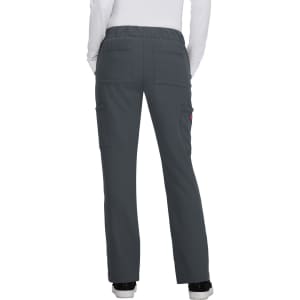 Grey cargo pants with multiple pockets, featuring an elastic waistband and a logo. View from the back.
