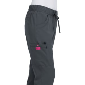 Grey pants with an elastic waistband, drawstring, and pockets, featuring a small logo badge in pink.
