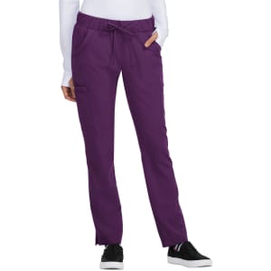 A pair of purple pants with a drawstring waist and pockets, designed for comfort and functionality.