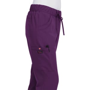 A pair of purple pants featuring a drawstring waist and multiple pockets, with a logo on the side.