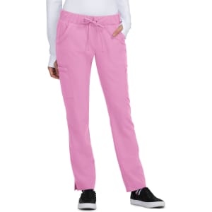Pink pants with a drawstring waist and pockets, displayed on a model in a casual pose. The product has a logo.
