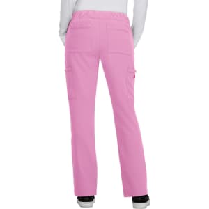 Pink cargo pants with an elastic waistband and multiple pockets, viewed from the back.