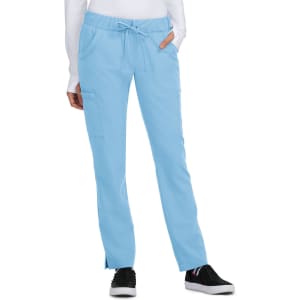 Light blue pants with a drawstring waist and side pockets, featuring a logo on the back.