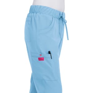 A light blue pant with an elastic waistband and pockets, featuring a logo on the side.