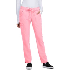 A pair of pink jogger pants with pockets and a drawstring waistband, featuring a logo.
