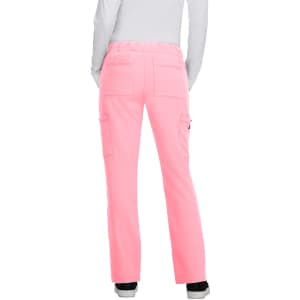 Pink pants with a relaxed fit and multiple pockets, featuring an elastic waistband. The view is from the back.