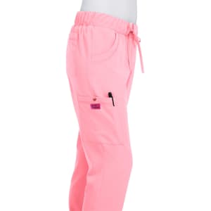 A pair of pink pants with a drawstring waist, featuring pockets and branding.