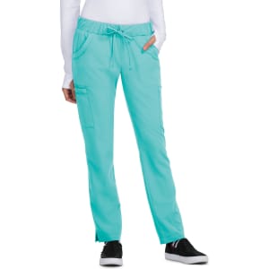 A pair of turquoise pants with a drawstring waist and pockets, featuring a logo on the left side.