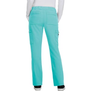 Bright aqua pants with a comfortable elastic waistband and multiple pockets. The view shows the back of the pants.