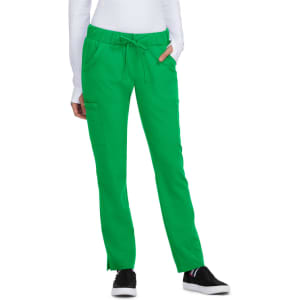 Green pants with a drawstring waist, featuring pockets, styled for a relaxed fit.