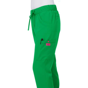 Bright green pants with a drawstring waist and pockets, featuring a logo on the side.