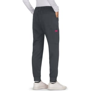 A pair of grey Aster Pants with an elastic waistband and side pockets, featuring a pink logo.