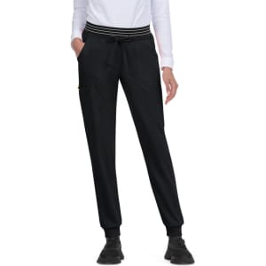 A pair of black jogger pants featuring a striped waistband and pockets, with a branding logo visible.
