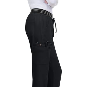 A black jogger pant featuring a drawstring waist and side pockets, including one with tools.