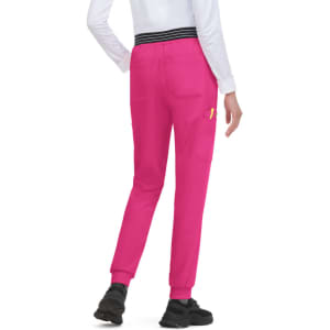 A pair of bright pink joggers with a ribbed waistband and pockets, viewed from the back.