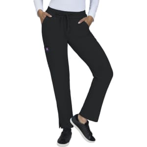 Black pants with a relaxed fit and pockets, featuring a drawstring waist. They have a logo on the side.