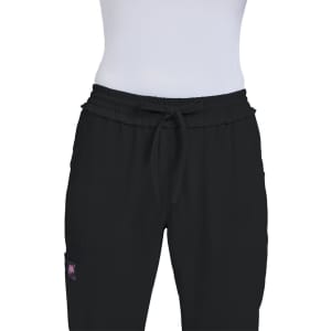 Black pants with an elastic waistband, featuring a drawstring and a logo on the side.