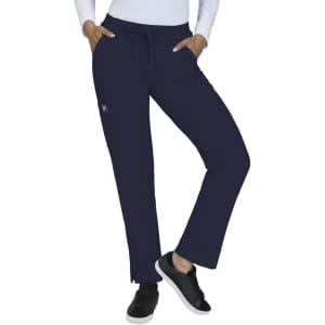 Navy blue pants with a drawstring waist and pockets, featuring a small logo on the side.