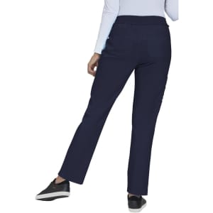 Navy blue pants with a straight leg design, featuring a comfortable waistband and worn with black sneakers.