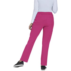 Fuchsia pink pants are displayed, featuring a back view with a fitted waistband and a casual silhouette.