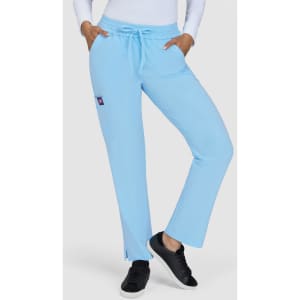 Light blue jogger pants with a drawstring waist and side pockets, featuring a logo on one leg.