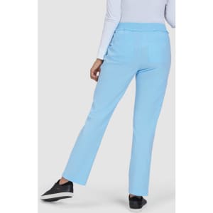 Light blue pants with a relaxed fit and an elastic waistband, featuring pockets, against a plain background.