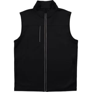 A black vest with a high collar, front zip, and zippered pockets, featuring a logo.