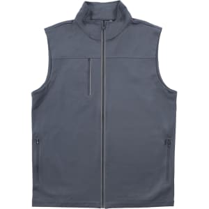 A grey sleeveless vest with a high collar and zippered pockets. It features a logo on one side.