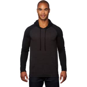 A Yarn-Dyed Long Sleeve Knit Hoodie in black with contrasting sleeves, featuring a hood and a logo.
