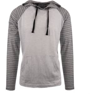 A yarn-dyed long sleeve knit hoodie in grey with striped sleeves and a front pocket. It features a hood and a brand logo.