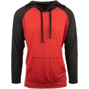 A yarn-dyed long sleeve knit hoodie in red and black, featuring a front pocket and a drawstring hood.
