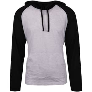 A yarn-dyed long sleeve knit hoodie in grey and black, featuring a hood and front pocket. The item has a logo.