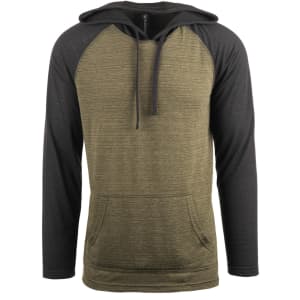 A yarn-dyed long sleeve knit hoodie in olive green and black, featuring a kangaroo pocket and a hood.