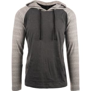 A yarn-dyed long sleeve knit hoodie in grey with contrasting grey sleeves and a hood, featuring a logo.
