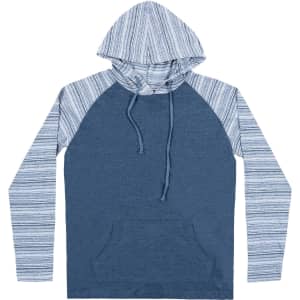 A yarn-dyed long sleeve knit hoodie in blue with striped sleeves and a front pocket. It features a hood and drawstrings.