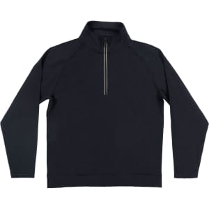A navy 1/4 zip windbreaker featuring long sleeves and ribbed cuffs, with a logo on the chest.