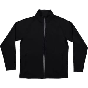 A black full zip jacket featuring a high collar and two front pockets. It has a logo on the chest.