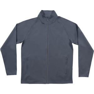 A grey full zip jacket with a high collar and side pockets, featuring a logo on the front.