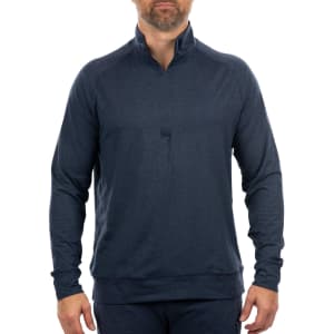 A navy blue soft jersey quarter zip jumper with long sleeves and a collar. The item features a subtle logo.