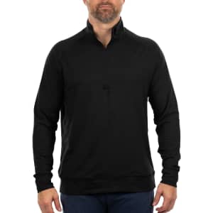 A black Soft Jersey Quarter Zip pullover, featuring long sleeves and a high collar. It has a simple logo on the front.
