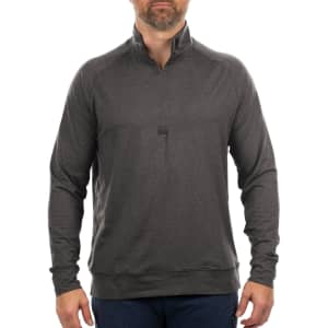 A soft jersey quarter zip, featuring long sleeves and a collar, in a dark grey colour. It has a subtle logo.